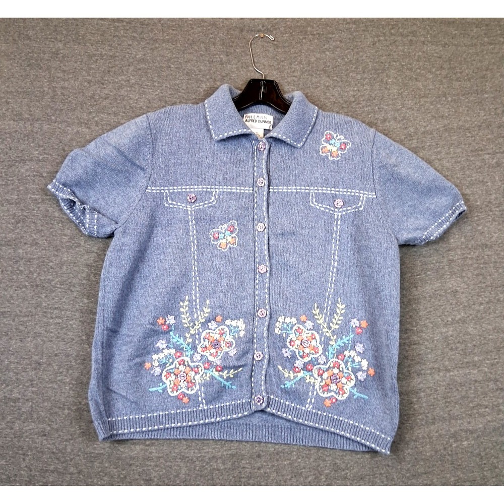 Alfred Dunner Womens Sweater M Blue Embroidered Floral Coastal Grannie Cottage